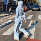 Velvet Hooded Zipper Crop Jackets And High Waist Straight Wide Leg Pants Set